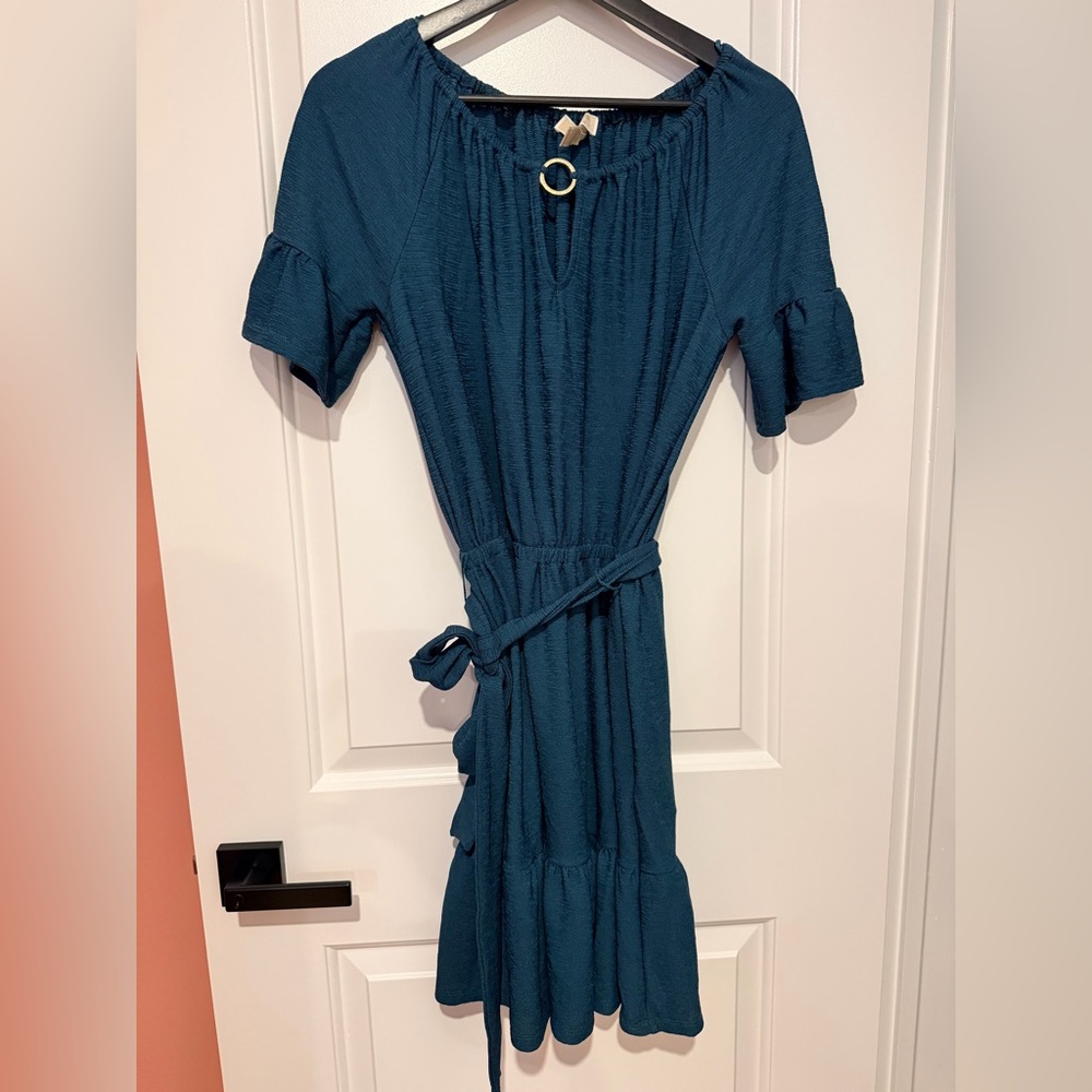 Michael Kors Teal Short-Sleeve Belted Midi Dress